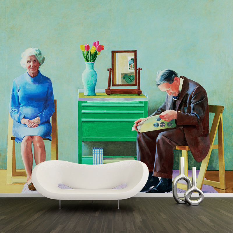 Old Couples Painting Wall Murals in Blue-Green Artistic Wall Covering for Living Room Blue-Green Clearhalo 'Wall Decor' 'Wall Mural' 1421308