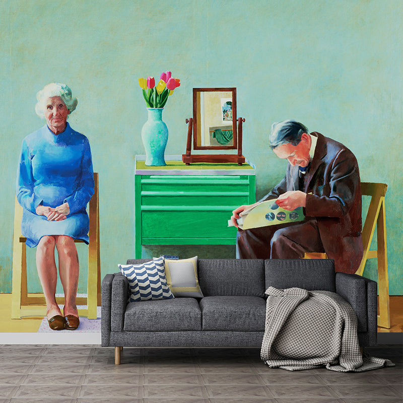 Old Couples Painting Wall Murals in Blue-Green Artistic Wall Covering for Living Room Clearhalo 'Wall Decor' 'Wall Mural' 1421309