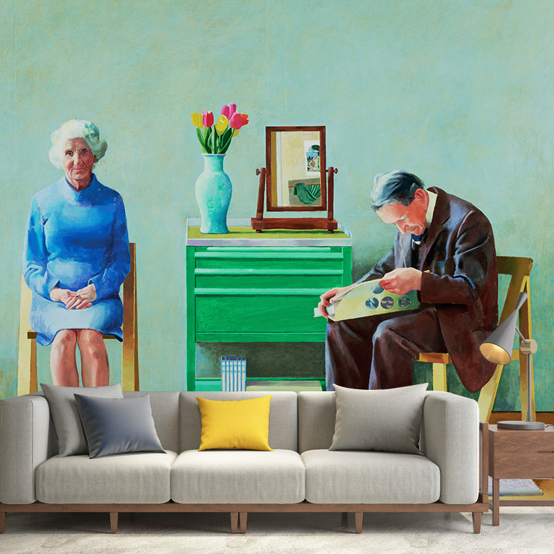 Old Couples Painting Wall Murals in Blue-Green Artistic Wall Covering for Living Room Clearhalo 'Wall Decor' 'Wall Mural' 1421310