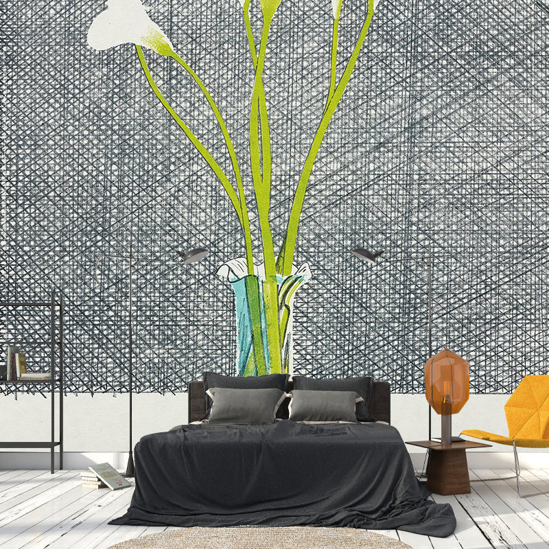 Artistry Lilies Still Life Murals for Bedroom Personalized Wall Covering in Green on Grey Gray-Green Clearhalo 'Wall Decor' 'Wall Mural' 1421383