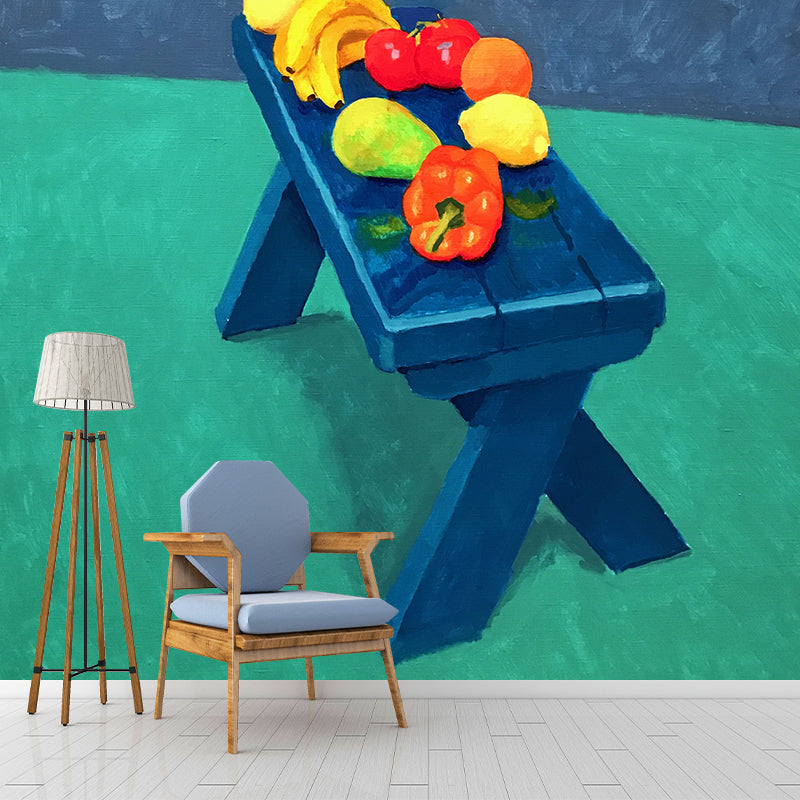 Fruit in Still Life Murals Blue-Green Art Deco Wall Covering for Bedroom, Made to Measure Clearhalo 'Wall Decor' 'Wall Mural' 1421400