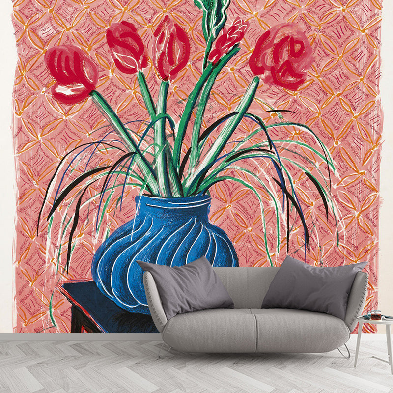 Large Amaryllis in Vase Murals for Bedroom Still Life Wall Art in Pink-Blue-Green, Washable Clearhalo 'Wall Decor' 'Wall Mural' 1421404