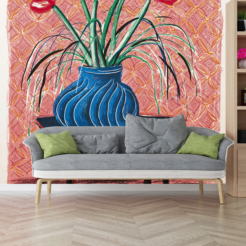 Large Amaryllis in Vase Murals for Bedroom Still Life Wall Art in Pink-Blue-Green, Washable Clearhalo 'Wall Decor' 'Wall Mural' 1421405