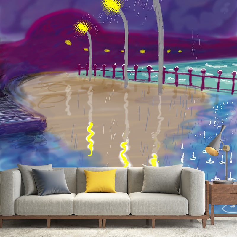 Road Lamp in Rain Mural Decal Art Deco Stain-Resistant Living Room Wall Covering, Optional Size Blue-Purple-Yellow Clearhalo 'Wall Decor' 'Wall Mural' 1421428