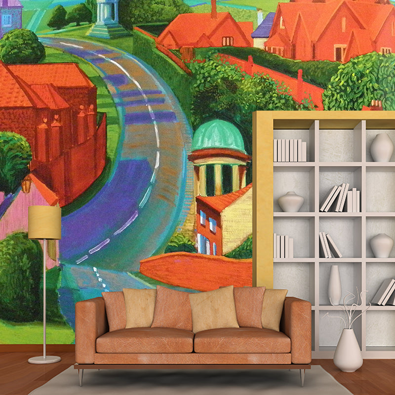 Road Through Small Town Mural Orange-Green Modern Art Wall Covering for Living Room Orange-Green Clearhalo 'Wall Decor' 'Wall Mural' 1421463