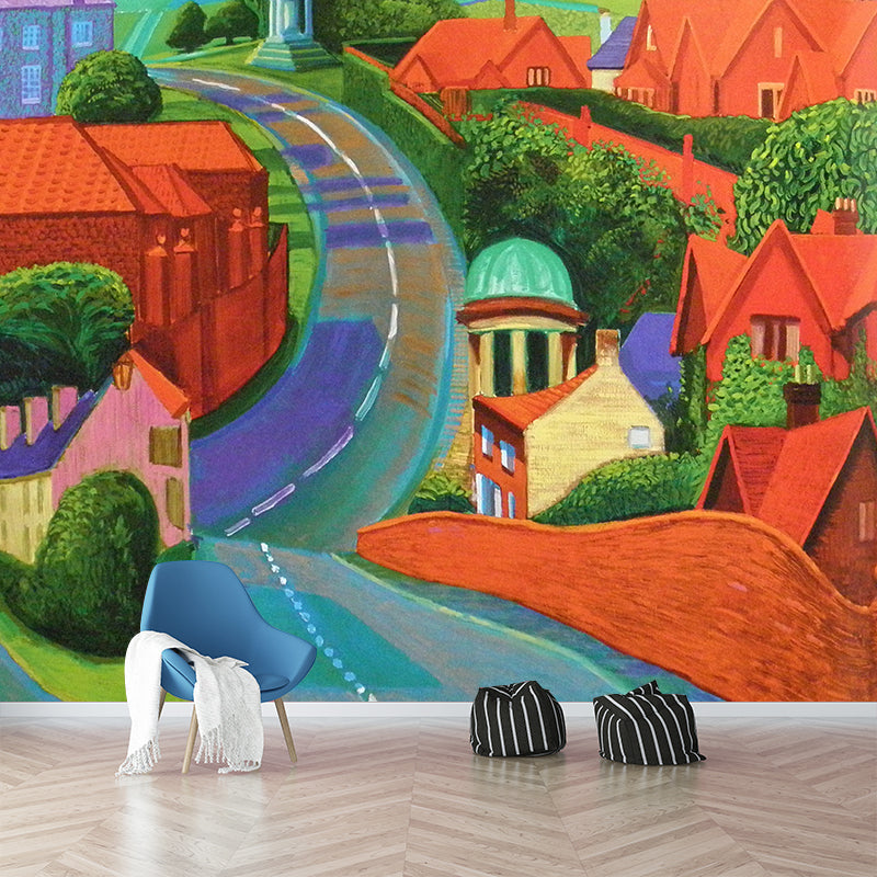 Road Through Small Town Mural Orange-Green Modern Art Wall Covering for Living Room Clearhalo 'Wall Decor' 'Wall Mural' 1421465