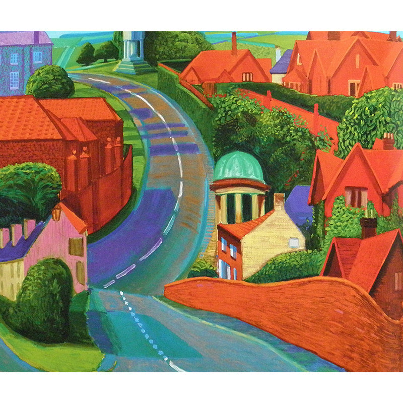 Road Through Small Town Mural Orange-Green Modern Art Wall Covering for Living Room Clearhalo 'Wall Decor' 'Wall Mural' 1421466