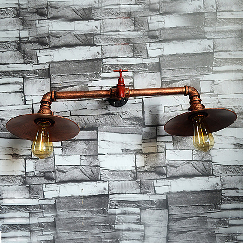 2 Bulbs Flat Shade Wall Light Fixture with Water Tap Industrial Dark Rust Metallic Sconce Lighting for Bedroom Rust Clearhalo 'Art deco wall lights' 'Cast Iron' 'Glass' 'Industrial wall lights' 'Industrial' 'Middle century wall lights' 'Modern' 'Rustic wall lights' 'Tiffany' 'Traditional wall lights' 'Wall Lamps & Sconces' 'Wall Lights' Lighting' 142147