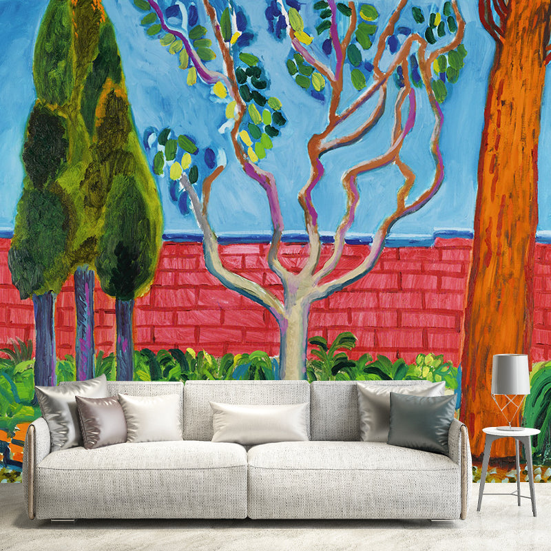 Tree and Brick Fence Mural Artistry Washable Living Room Wall Decoration, Optional Size Clearhalo 'Wall Decor' 'Wall Mural' 1421524