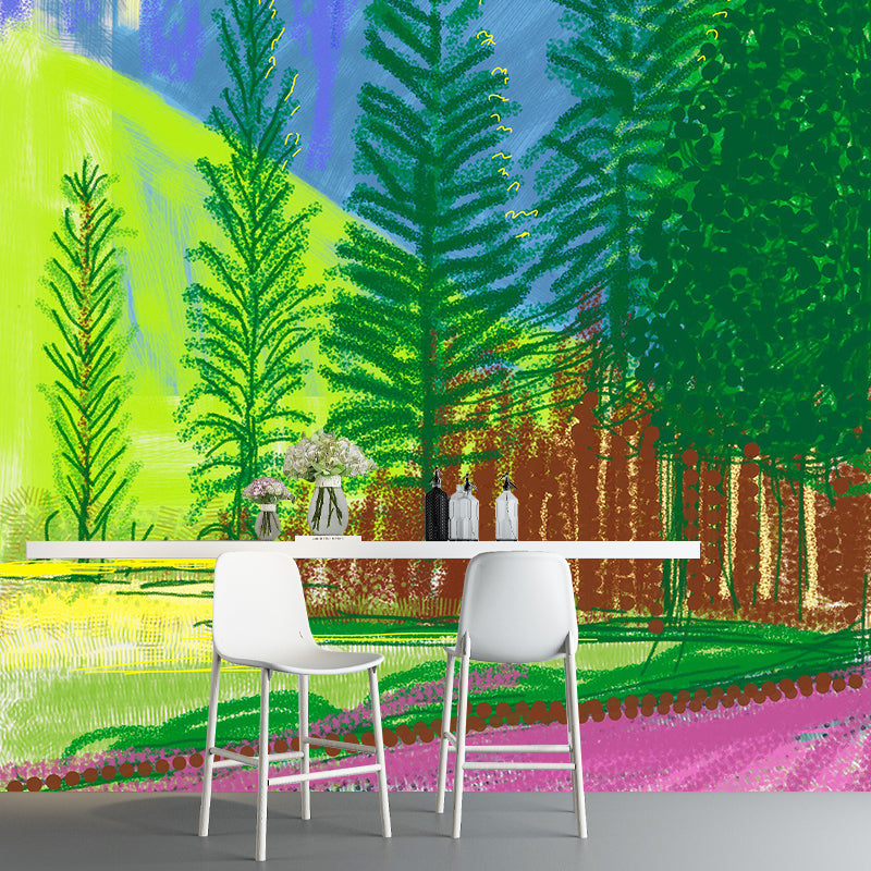 Cypress Landscape Painting Murals Modern Art Non-Woven Cloth Wall Decor in Blue-Green Clearhalo 'Wall Decor' 'Wall Mural' 1421530