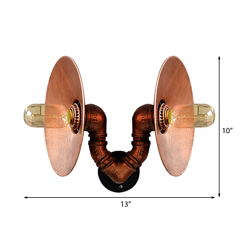 Dark Rust Round Sconce Lighting Rustic Style Wrought Iron 2 Bulbs Bedroom Wall Mount Light with Pipe Clearhalo 'Art deco wall lights' 'Cast Iron' 'Glass' 'Industrial wall lights' 'Industrial' 'Middle century wall lights' 'Modern' 'Rustic wall lights' 'Tiffany' 'Traditional wall lights' 'Wall Lamps & Sconces' 'Wall Lights' Lighting' 142155