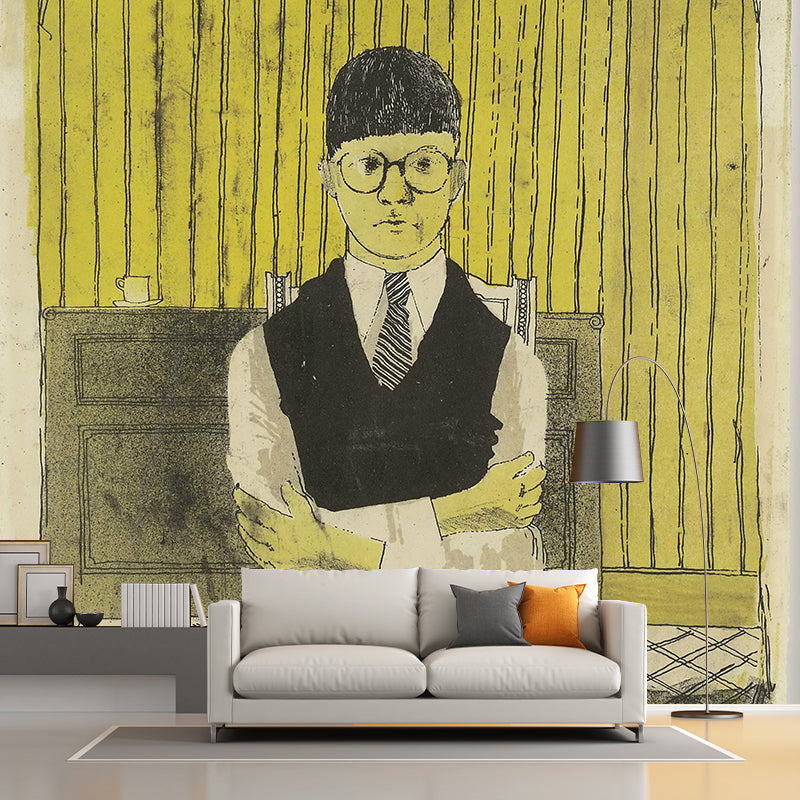 Artistic School Boy Wall Murals in Black-Yellow Bedroom Wall Covering, Custom Made Black-Yellow Clearhalo 'Wall Decor' 'Wall Mural' 1421553