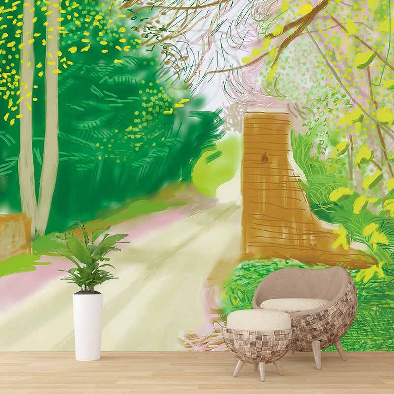 Artistry Spring Forest Path Mural Yellow and Green Scenery Drawing Wall Decoration Yellow-Green Clearhalo 'Wall Decor' 'Wall Mural' 1421593