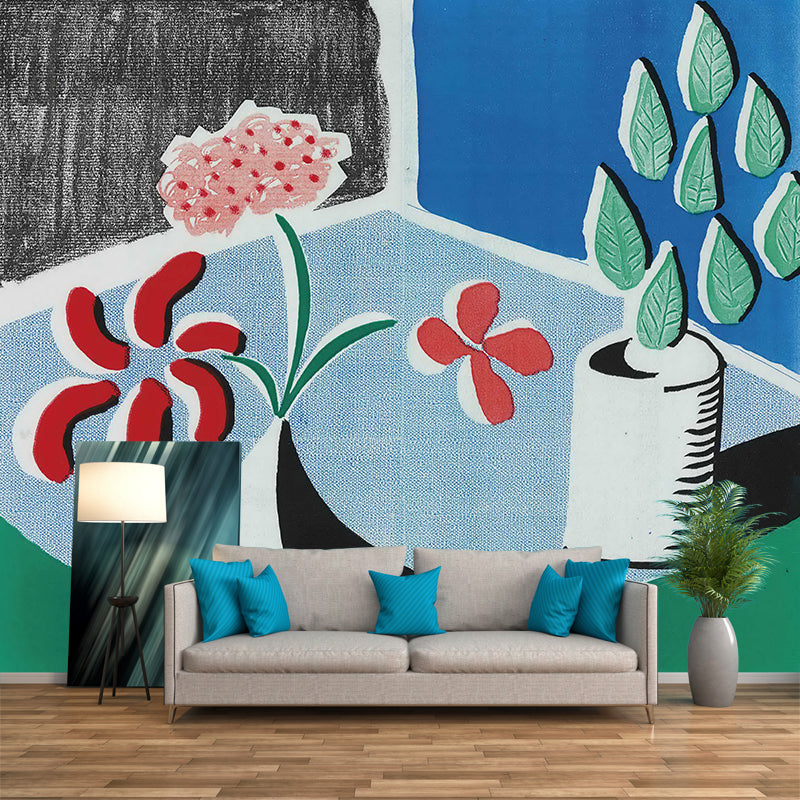 Artistic Plant Potted Flowers Mural Red-Blue-Green Stain Resistant Wall Covering for Home Red-Blue-Green Clearhalo 'Wall Decor' 'Wall Mural' 1421603