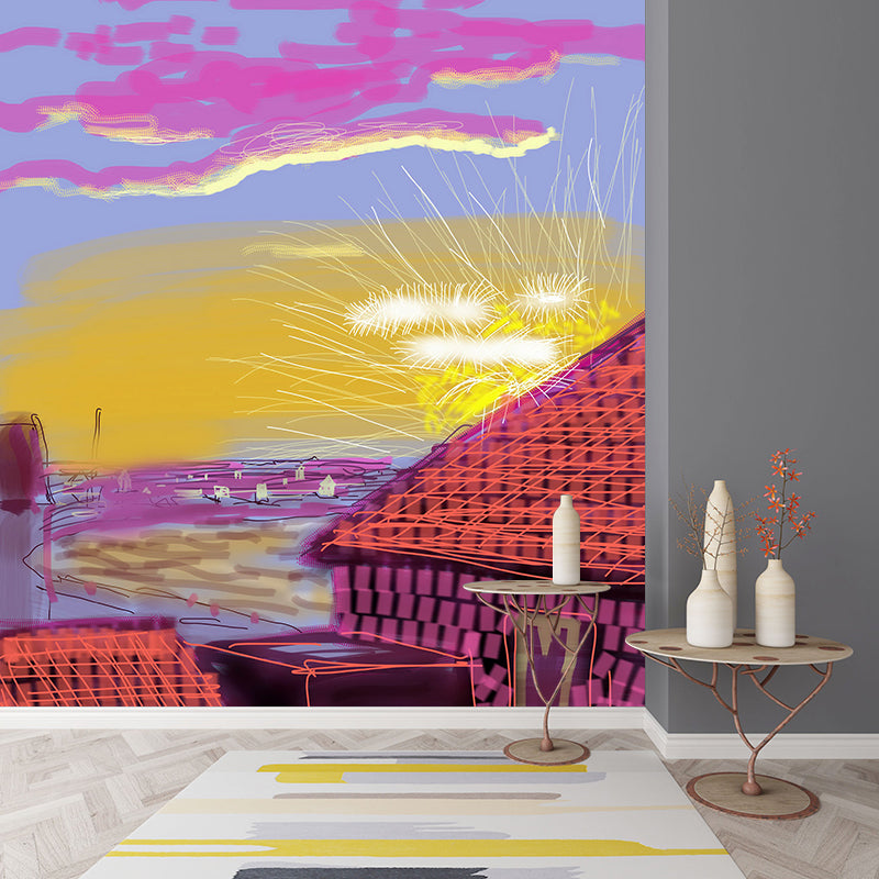 Farmhouse Sunset Scene Mural Wallpaper Artistry Smooth Wall Decoration in Purple-Yellow Purple-Yellow Clearhalo 'Wall Decor' 'Wall Mural' 1421613