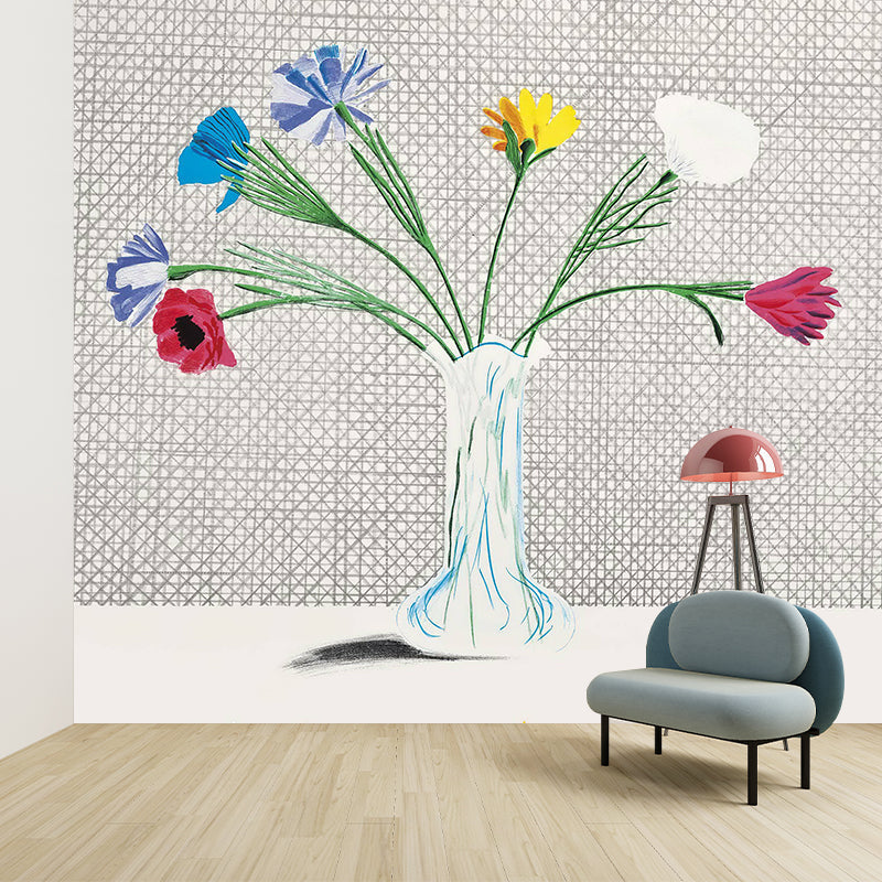 Still Life Flower Vase Murals Modern Art Non-Woven Material Wall Decor in Grey-Green Gray-Green Clearhalo 'Wall Decor' 'Wall Mural' 1421623