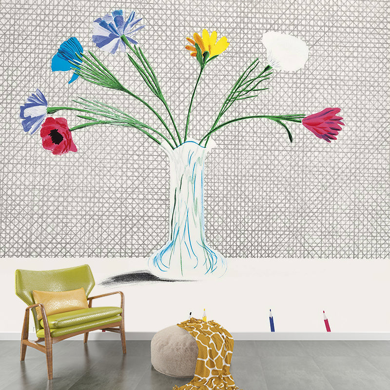 Still Life Flower Vase Murals Modern Art Non-Woven Material Wall Decor in Grey-Green Clearhalo 'Wall Decor' 'Wall Mural' 1421624