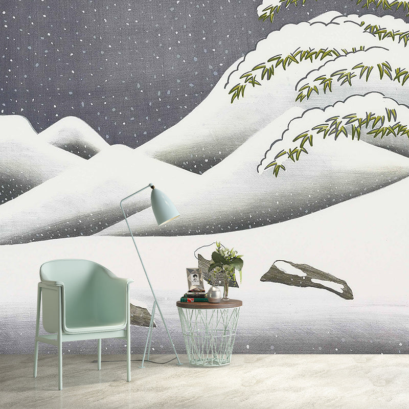 Art Snowing Mountain Landscape Murals Grey-Green Stain Resistant Wall Decor for Home Clearhalo 'Wall Decor' 'Wall Mural' 1421639