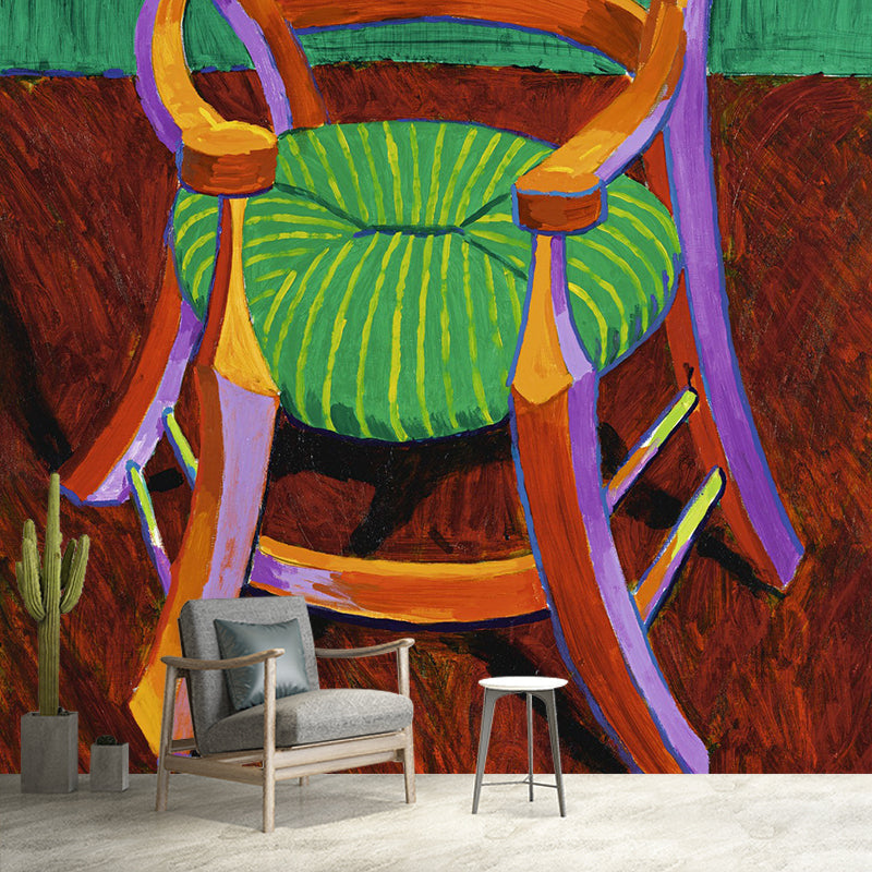 Orange-Green Art Wallpaper Murals Large Wooden Chair Drawing Wall Decor for Hallway Clearhalo 'Wall Decor' 'Wall Mural' 1421649