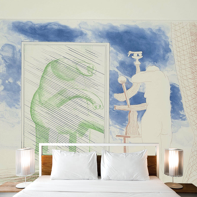 Hockney the Blue Guitar Murals in Green Art Deco Wall Covering for Bedroom, Custom Made Blue-Green Clearhalo 'Wall Decor' 'Wall Mural' 1421658