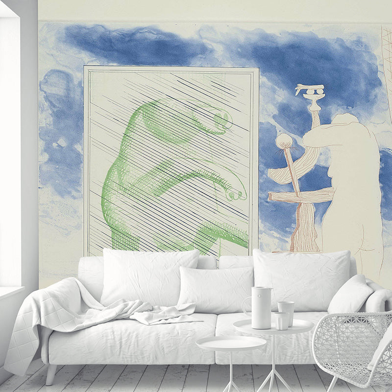 Hockney the Blue Guitar Murals in Green Art Deco Wall Covering for Bedroom, Custom Made Clearhalo 'Wall Decor' 'Wall Mural' 1421659