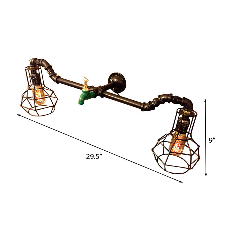 Global Caged Bedroom Wall Lamp Farmhouse Metal 2 Lights Black Sconce Lighting with Pipe and Water Tap Clearhalo 'Art deco wall lights' 'Cast Iron' 'Glass' 'Industrial wall lights' 'Industrial' 'Middle century wall lights' 'Modern' 'Rustic wall lights' 'Tiffany' 'Traditional wall lights' 'Wall Lamps & Sconces' 'Wall Lights' Lighting' 142168