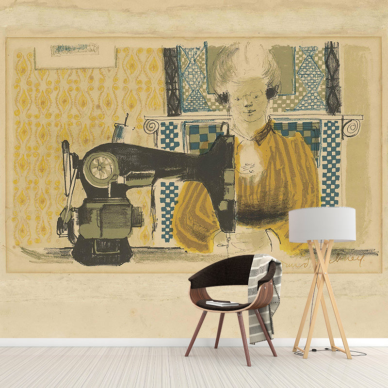 Pastel Color Art Deco Murals Full Size Woman with Sewing Machine Drawing Wall Covering for Home Clearhalo 'Wall Decor' 'Wall Mural' 1421685