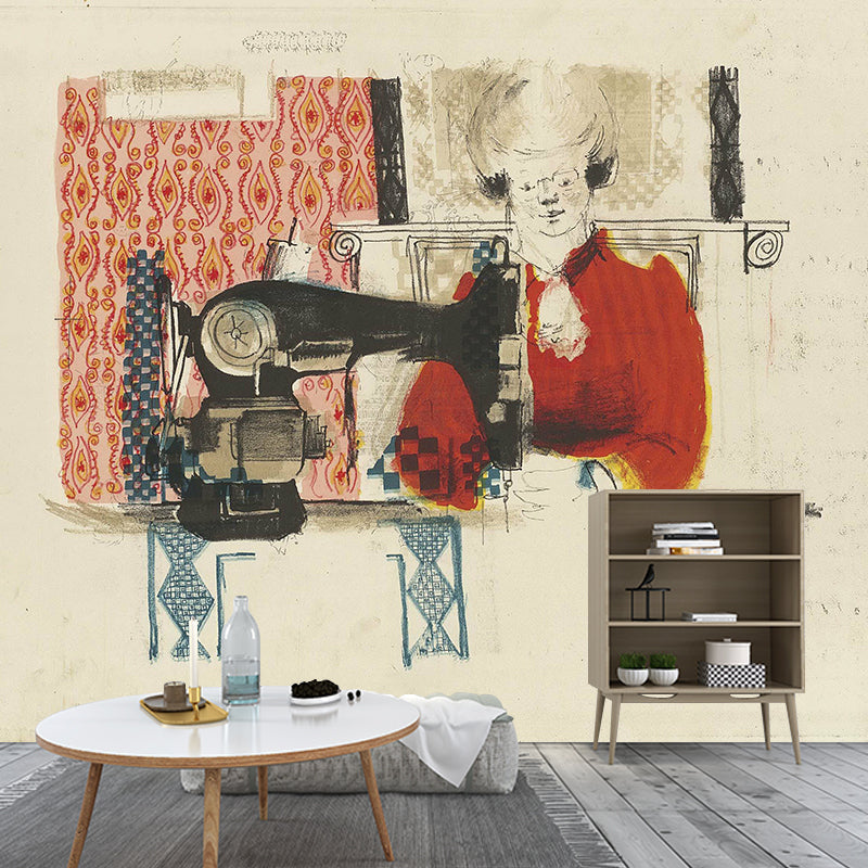 Pastel Color Art Deco Murals Full Size Woman with Sewing Machine Drawing Wall Covering for Home Clearhalo 'Wall Decor' 'Wall Mural' 1421689