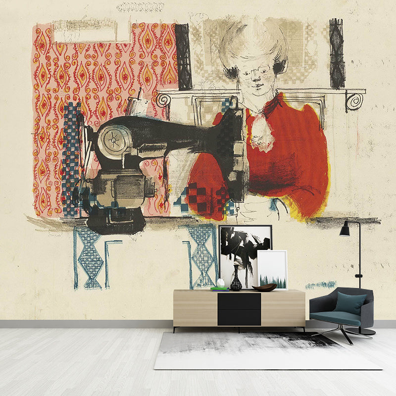 Pastel Color Art Deco Murals Full Size Woman with Sewing Machine Drawing Wall Covering for Home Clearhalo 'Wall Decor' 'Wall Mural' 1421690