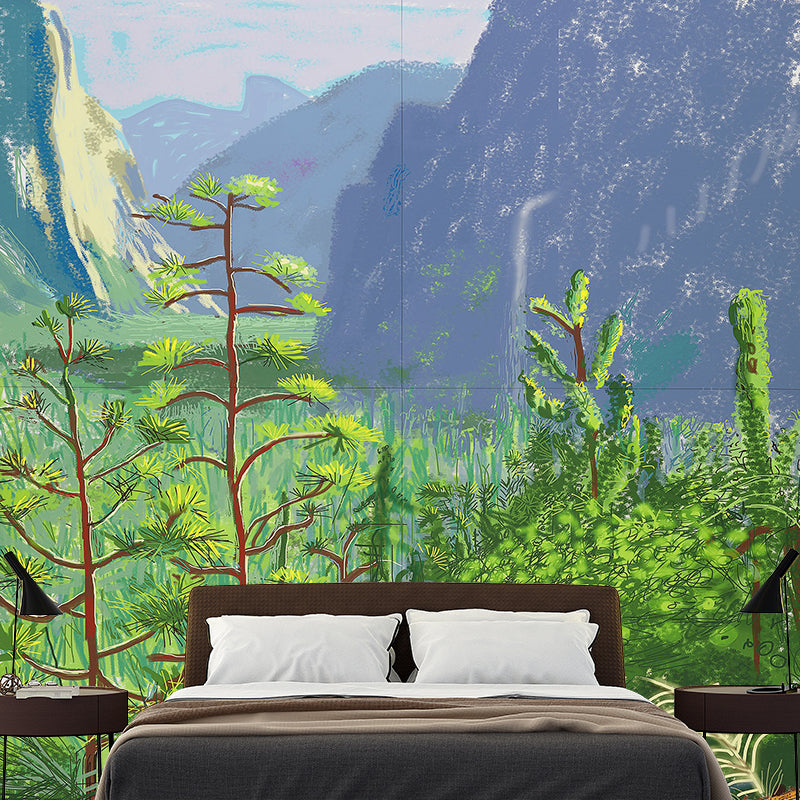 Art Deco Mountain Landscape Mural for Living Room Custom Wall Covering in Blue-Green Clearhalo 'Wall Decor' 'Wall Mural' 1421705