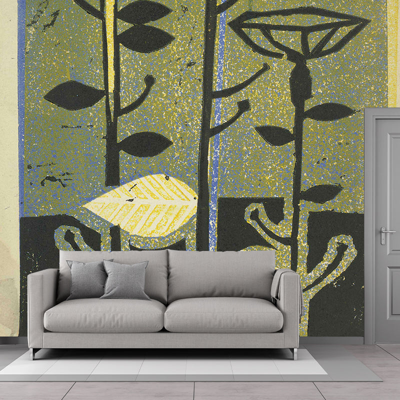 Art Deco Flowers Painting Murals Yellow-Brown Bedroom Wall Decoration, Custom-Print Clearhalo 'Wall Decor' 'Wall Mural' 1421754