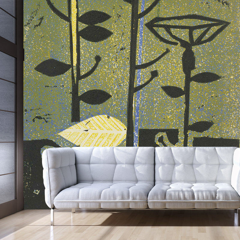 Art Deco Flowers Painting Murals Yellow-Brown Bedroom Wall Decoration, Custom-Print Clearhalo 'Wall Decor' 'Wall Mural' 1421755