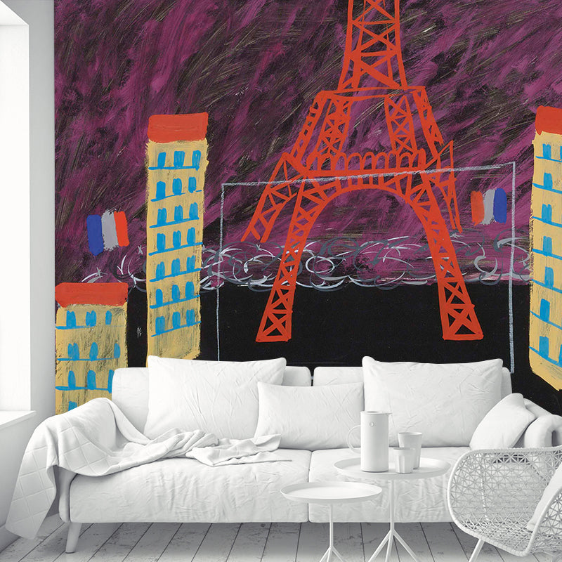 Modern Art Eiffel Tower Mural Rose Red-Black Stain Resistant Wall Decor for Living Room Clearhalo 'Wall Decor' 'Wall Mural' 1421759