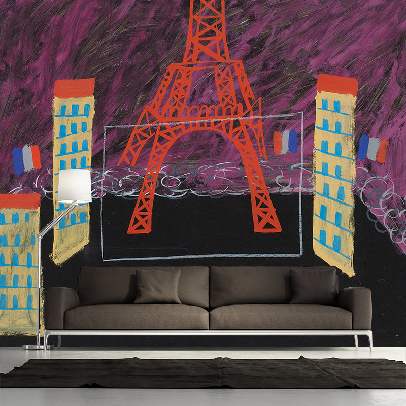 Modern Art Eiffel Tower Mural Rose Red-Black Stain Resistant Wall Decor for Living Room Clearhalo 'Wall Decor' 'Wall Mural' 1421760