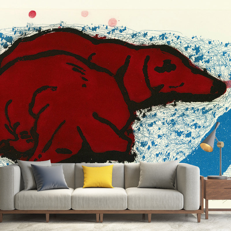 Dogs Sleep on Mat Mural Wallpaper Red-Blue Art Deco Wall Covering for Kids Bedroom Clearhalo 'Wall Decor' 'Wall Mural' 1421774