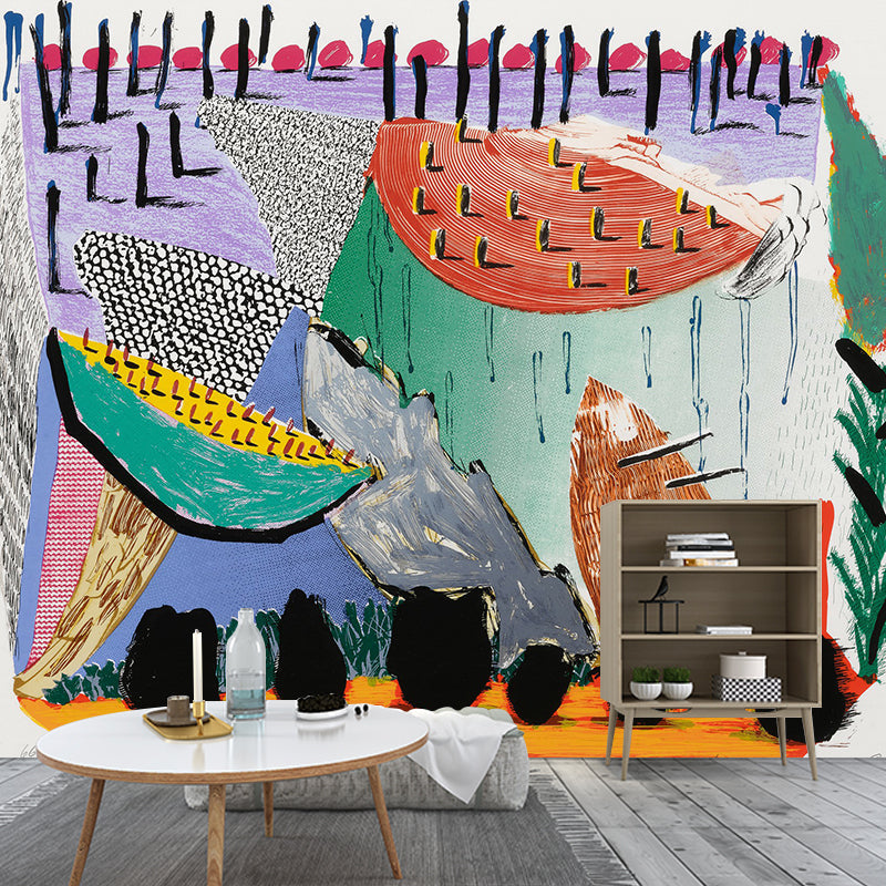 Orange-Purple Art Wall Murals Large Size David Hockney Abstract Painting Wall Decor for Home Orange-Purple Clearhalo 'Wall Decor' 'Wall Mural' 1421793