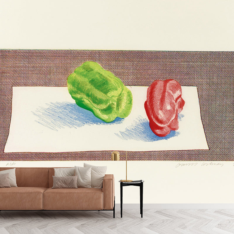 Whole Bell Pepper Drawing Mural Decal Artistic Still Life Wall Decoration in Red-Green Red-Green Clearhalo 'Wall Decor' 'Wall Mural' 1421798