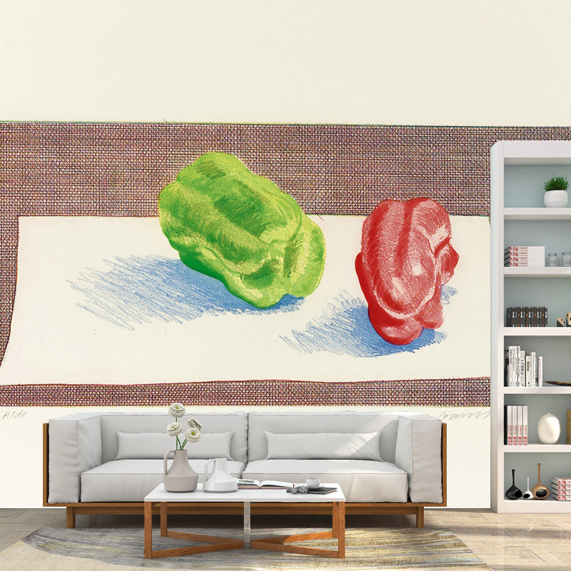 Whole Bell Pepper Drawing Mural Decal Artistic Still Life Wall Decoration in Red-Green Clearhalo 'Wall Decor' 'Wall Mural' 1421800