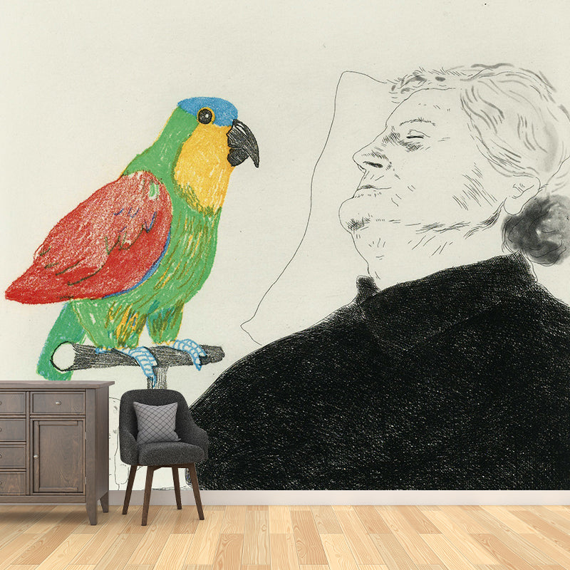 Old Lady with Parrot Murals Wallpaper Red-Green Artistry Wall Covering for Living Room Clearhalo 'Wall Decor' 'Wall Mural' 1421810