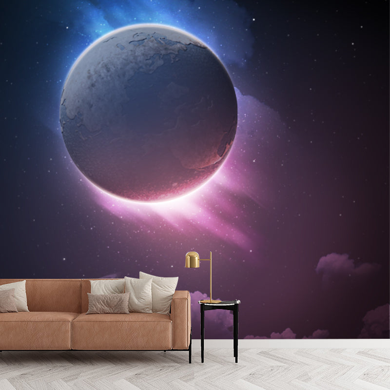 Sci-Fi Eclipses Wallpaper Mural for Bedroom Customized Wall Covering in Purple-Black Purple-Black Clearhalo 'Wall Decor' 'Wall Mural' 1421813