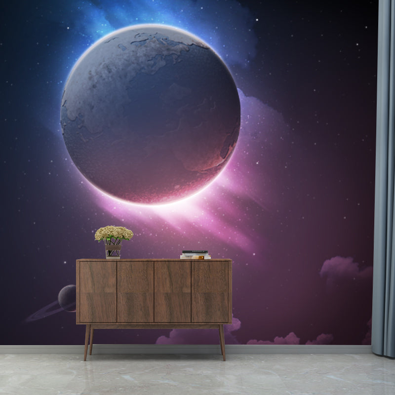 Sci-Fi Eclipses Wallpaper Mural for Bedroom Customized Wall Covering in Purple-Black Clearhalo 'Wall Decor' 'Wall Mural' 1421814