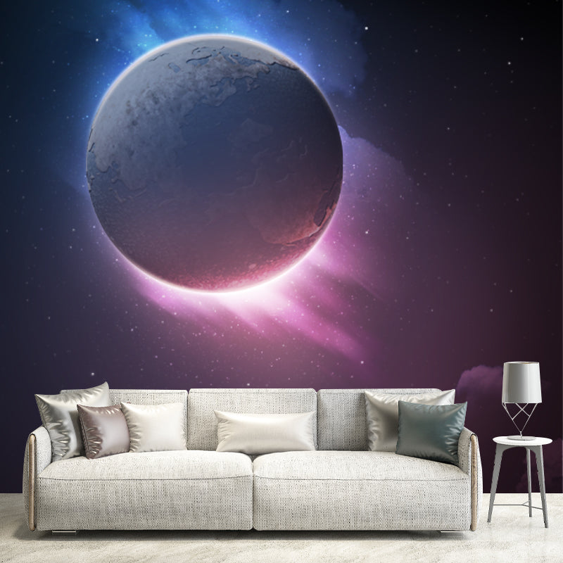 Sci-Fi Eclipses Wallpaper Mural for Bedroom Customized Wall Covering in Purple-Black Clearhalo 'Wall Decor' 'Wall Mural' 1421815