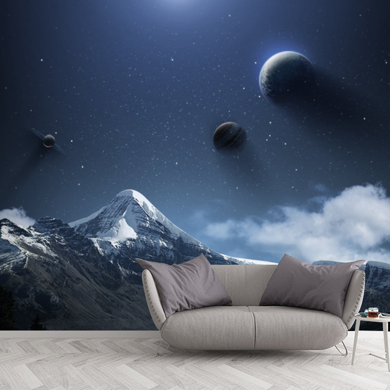 Realistic Fictional Landscape Murals for Bedroom Planets and Mountain Print Wall Art, Custom Size Blue Clearhalo 'Wall Decor' 'Wall Mural' 1421823