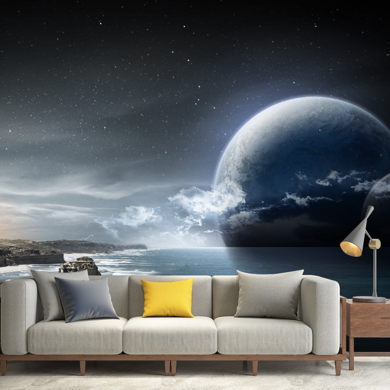 Custom Photo Print Sci-Fi Mural with Big Moon and Ocean Sea at Dawn Pattern in Blue Blue Clearhalo 'Wall Decor' 'Wall Mural' 1421828