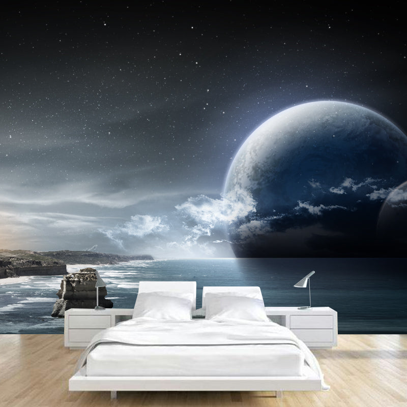 Custom Photo Print Sci-Fi Mural with Big Moon and Ocean Sea at Dawn Pattern in Blue Clearhalo 'Wall Decor' 'Wall Mural' 1421829