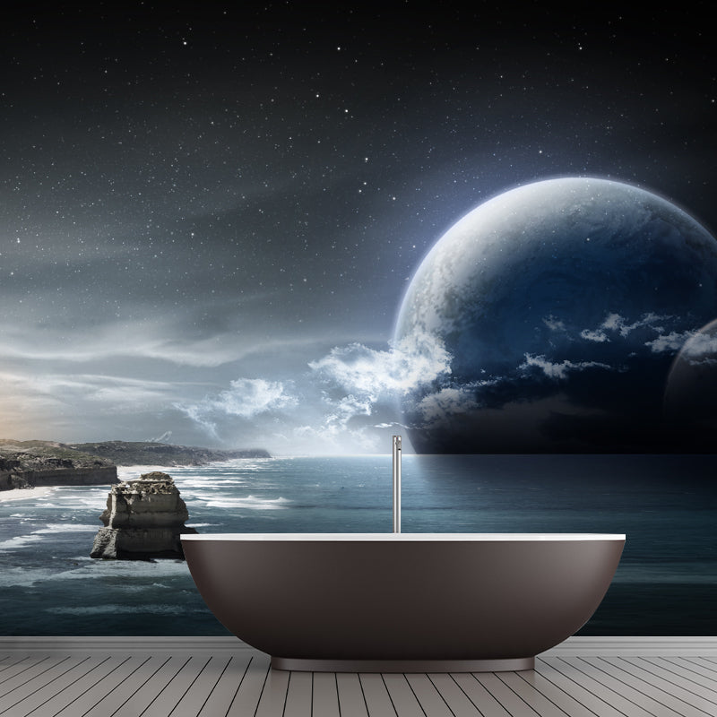 Custom Photo Print Sci-Fi Mural with Big Moon and Ocean Sea at Dawn Pattern in Blue Clearhalo 'Wall Decor' 'Wall Mural' 1421830