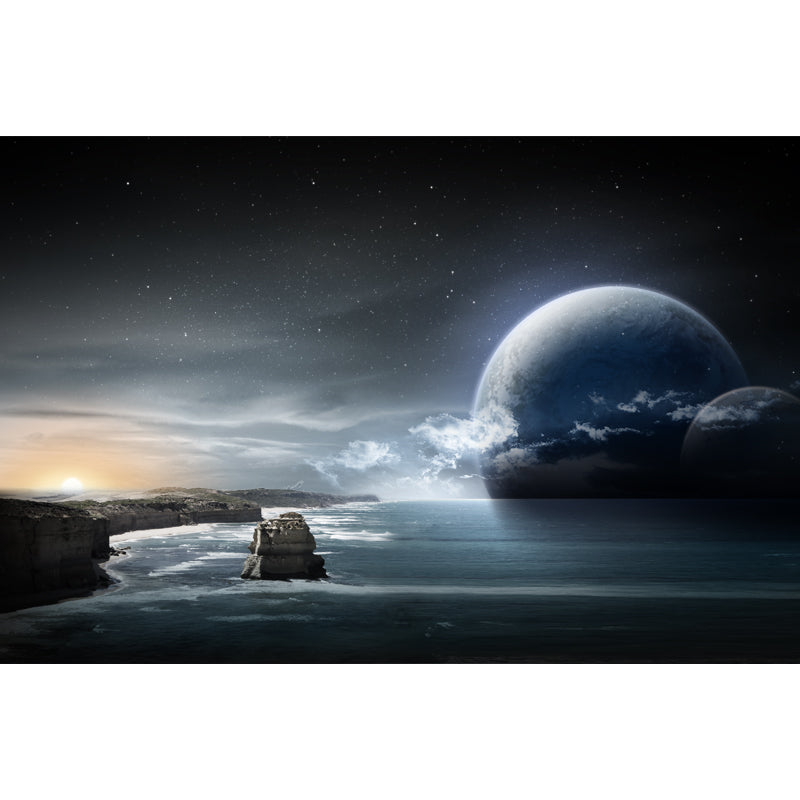 Custom Photo Print Sci-Fi Mural with Big Moon and Ocean Sea at Dawn Pattern in Blue Clearhalo 'Wall Decor' 'Wall Mural' 1421831