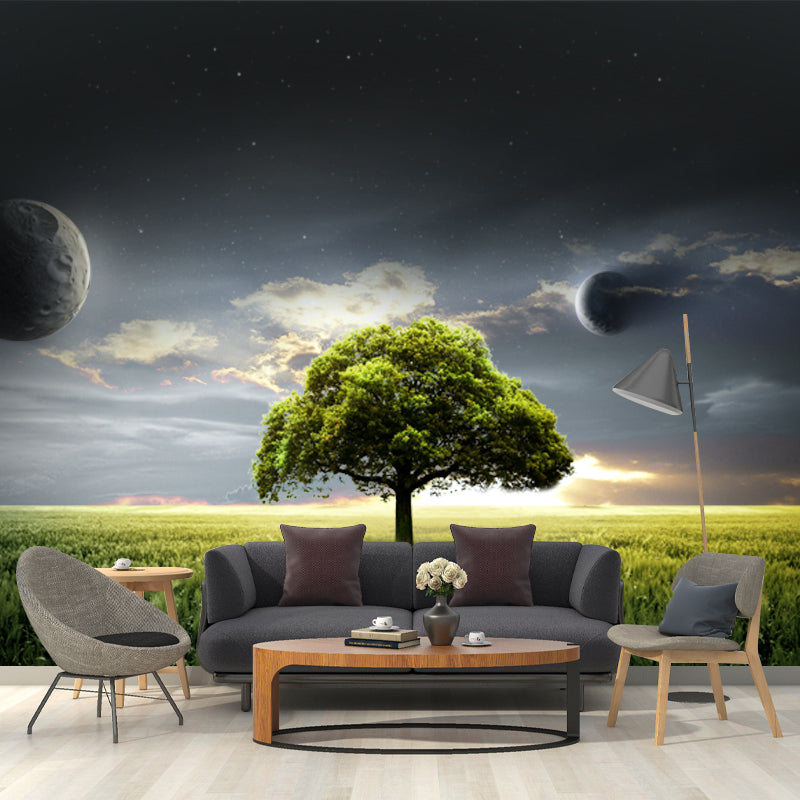 Blue-Green Futuristic Mural Decal Full-Size Tree of Life and Planets Wall Covering Clearhalo 'Wall Decor' 'Wall Mural' 1421834