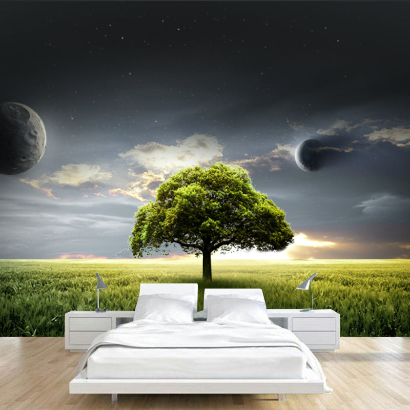 Blue-Green Futuristic Mural Decal Full-Size Tree of Life and Planets Wall Covering Clearhalo 'Wall Decor' 'Wall Mural' 1421835