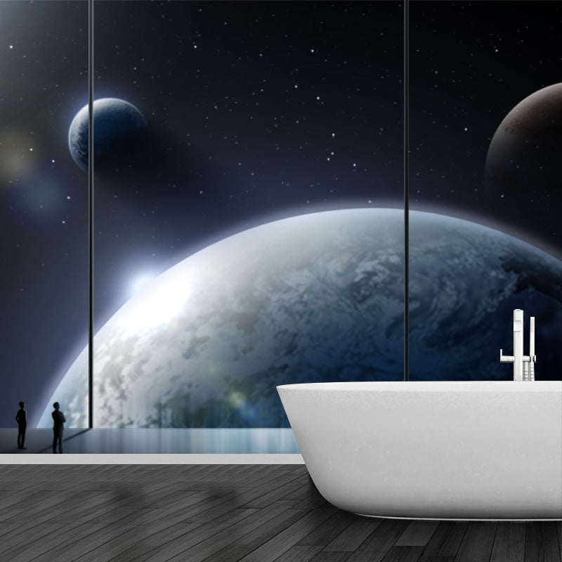 Planet Mural Wallpaper Science Fiction Stain Resistant Living Room Wall Decor, Made to Measure Blue-Black Clearhalo 'Wall Decor' 'Wall Mural' 1421838